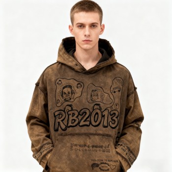 Original Design Brown Water Washed Vintage Hoodies | Direct Spray Print | Frayed Edge | Support OEM