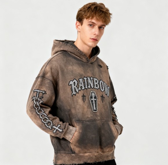 Custom Vintage Washed Cotton Pullover Hoodies | Rhinestone| Distressed Rip | Custom OEM Streetwear
