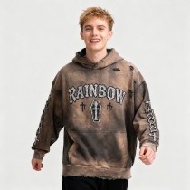 Custom Vintage Washed Cotton Pullover Hoodies | Rhinestone| Distressed Rip | Custom OEM Streetwear