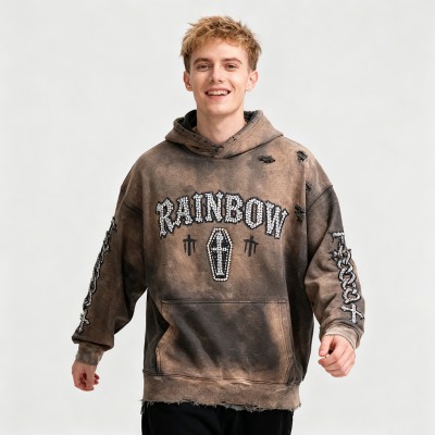 Custom Vintage Washed Cotton Pullover Hoodies | Rhinestone| Distressed Rip | Custom OEM Streetwear