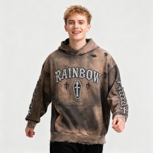 Custom Vintage Washed Cotton Pullover Hoodies | Rhinestone| Distressed Rip | Custom OEM Streetwear