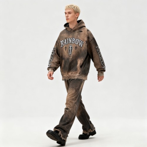 Custom Vintage Washed Cotton Pullover Hoodies | Rhinestone| Distressed Rip | Custom OEM Streetwear