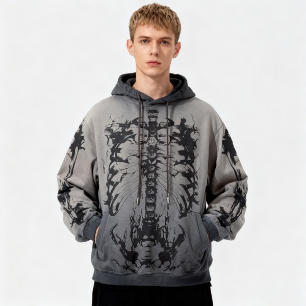Custom Vintage Gray Washed Cotton Blend Hoodie | Digital Print | Artistic Spray | OEM Manufacturer