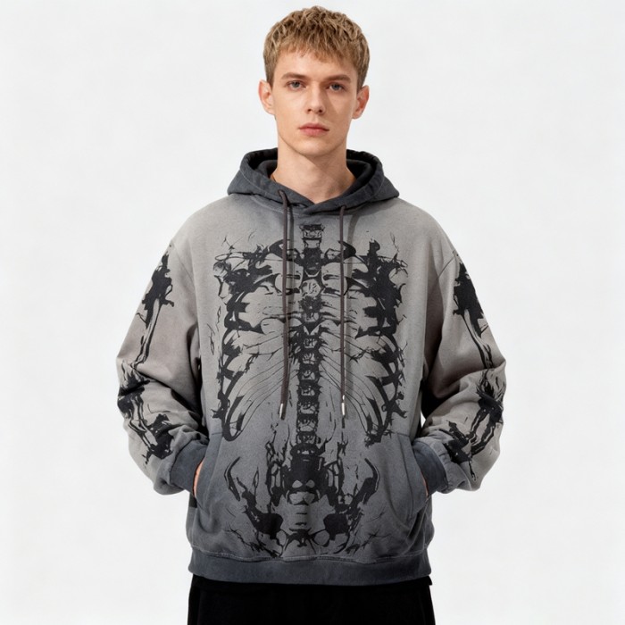 Custom Vintage Gray Washed Cotton Blend Hoodie | Digital Print | Artistic Spray | OEM Manufacturer