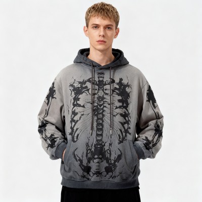 Custom Vintage Gray Washed Cotton Blend Hoodie | Digital Print | Artistic Spray | OEM Manufacturer