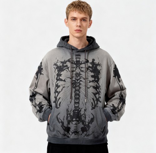Custom Vintage Gray Washed Cotton Blend Hoodie | Digital Print | Artistic Spray | OEM Manufacturer