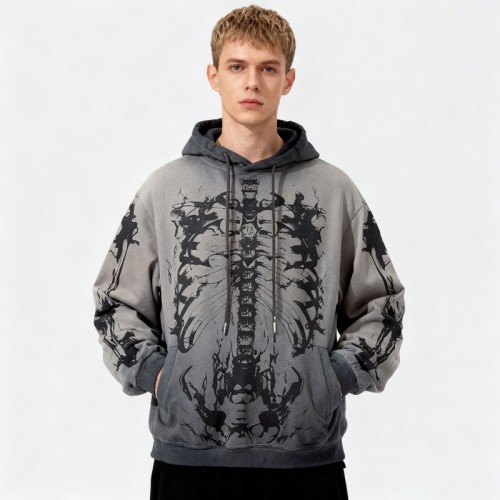 Custom Vintage Gray Washed Cotton Blend Hoodie | Digital Print | Artistic Spray | OEM Manufacturer