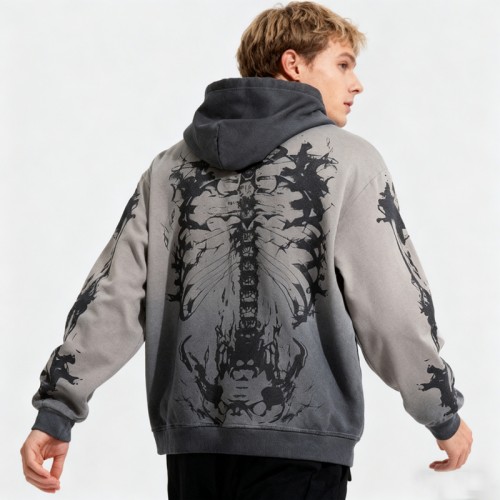 Custom Vintage Gray Washed Cotton Blend Hoodie | Digital Print | Artistic Spray | OEM Manufacturer