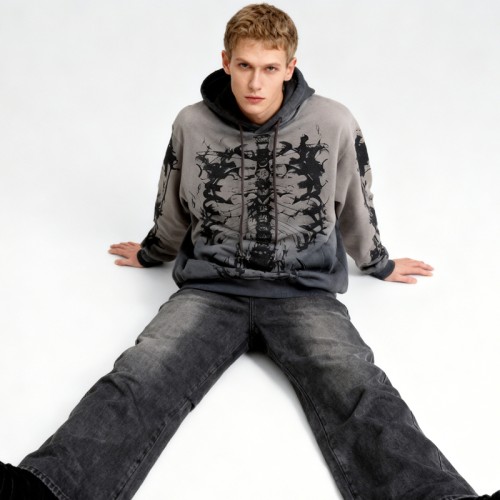 Custom Vintage Gray Washed Cotton Blend Hoodie | Digital Print | Artistic Spray | OEM Manufacturer