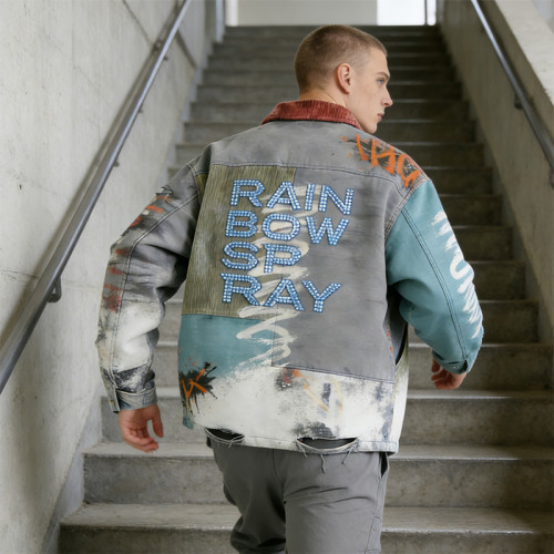 Custom Vintage Washed Spray Patchwork Workwear Jacket | Rivet & Rhinestone | OEM Jacket