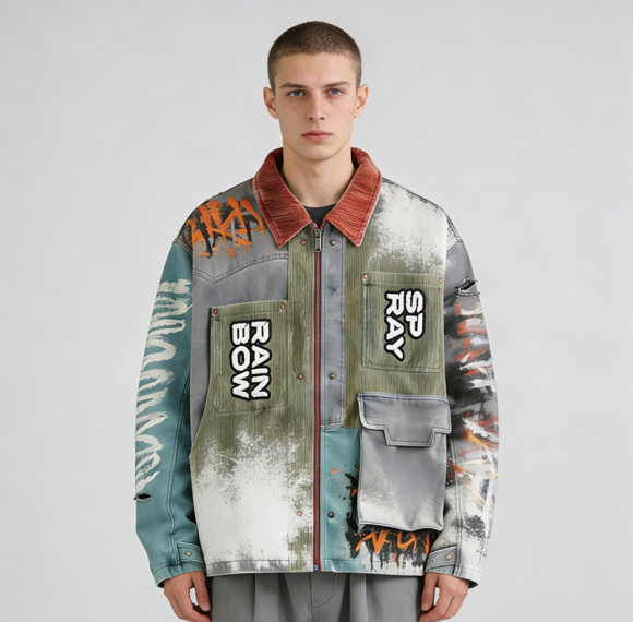 Custom Vintage Washed Spray Patchwork Workwear Jacket | Rivet & Rhinestone | OEM Jacket