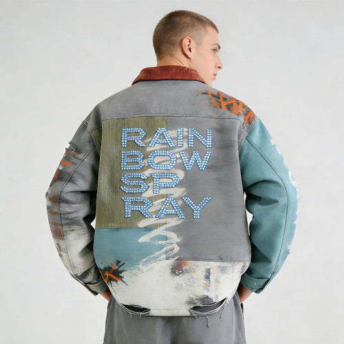 Custom Vintage Washed Spray Patchwork Workwear Jacket | Rivet & Rhinestone | OEM Jacket