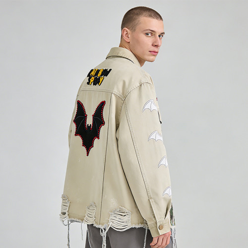 Custom Vintage Distressed Patchwork Workwear Jacket | Applique & Rhinestone | Custom Streetwear Manufacturer | OEM Jacket