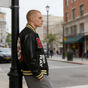 Custom Vintage Towel Embroidery Baseball Jacket | Screen Print | PU Leather Fabric | Custom Streetwear Manufacturer