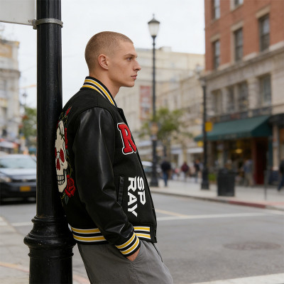 Custom Vintage Towel Embroidery Baseball Jacket | Screen Print | PU Leather Fabric | Custom Streetwear Manufacturer