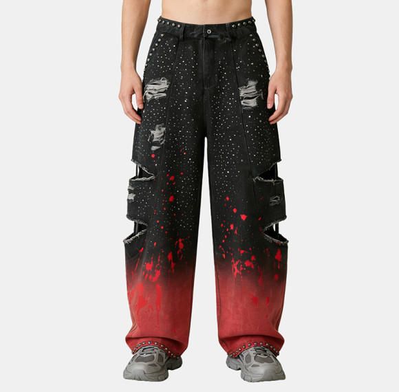 Custom Washed Distressed Ripped Cargo Pants | Rivet | Rhinestone | Custom Streetwear Manufacturer
