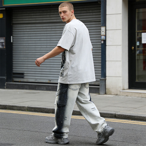 Custom High Quality Washed Digital Print Cargo Pants | Rivet | Ripped | Custom Streetwear Manufacturer