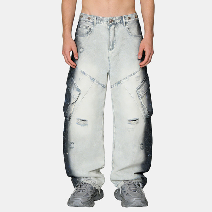 Custom High Quality Washed Digital Print Cargo Pants | Rivet | Ripped | Custom Streetwear Manufacturer