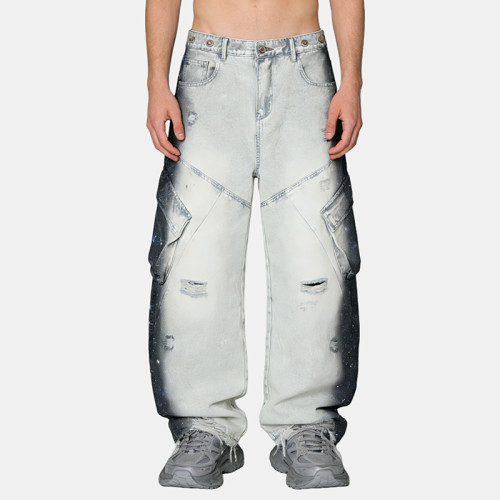 Custom High Quality Washed Digital Print Cargo Pants | Rivet | Ripped | Custom Streetwear Manufacturer