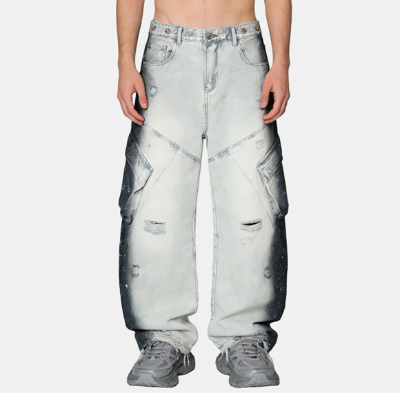 Custom High Quality Washed Digital Print Cargo Pants | Rivet | Ripped | Custom Streetwear Manufacturer