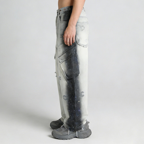 Custom High Quality Washed Digital Print Cargo Pants | Rivet | Ripped | Custom Streetwear Manufacturer