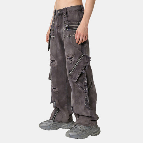 Original Design Patch Embroidery Rivet Cargo Pants |  Ripped | Custom Streetwear Manufacturer