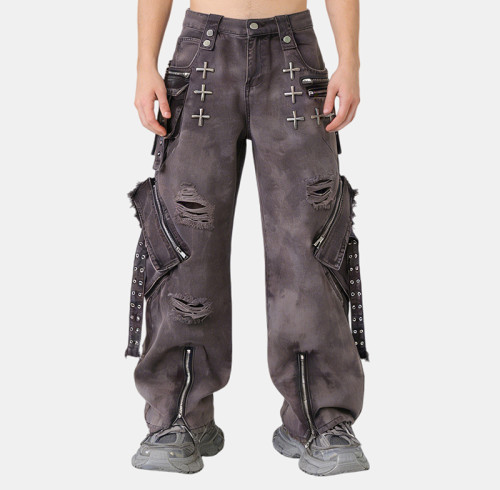 Original Design Patch Embroidery Rivet Cargo Pants |  Ripped | Custom Streetwear Manufacturer