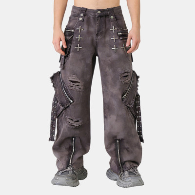 Original Design Patch Embroidery Rivet Cargo Pants |  Ripped | Custom Streetwear Manufacturer