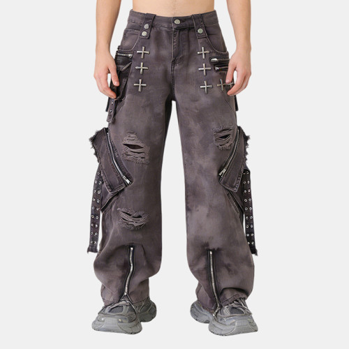 Original Design Patch Embroidery Rivet Cargo Pants |  Ripped | Custom Streetwear Manufacturer