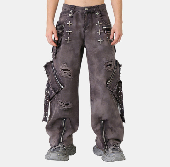 Original Design Patch Embroidery Rivet Cargo Pants | Ripped | Custom Streetwear Manufacturer
