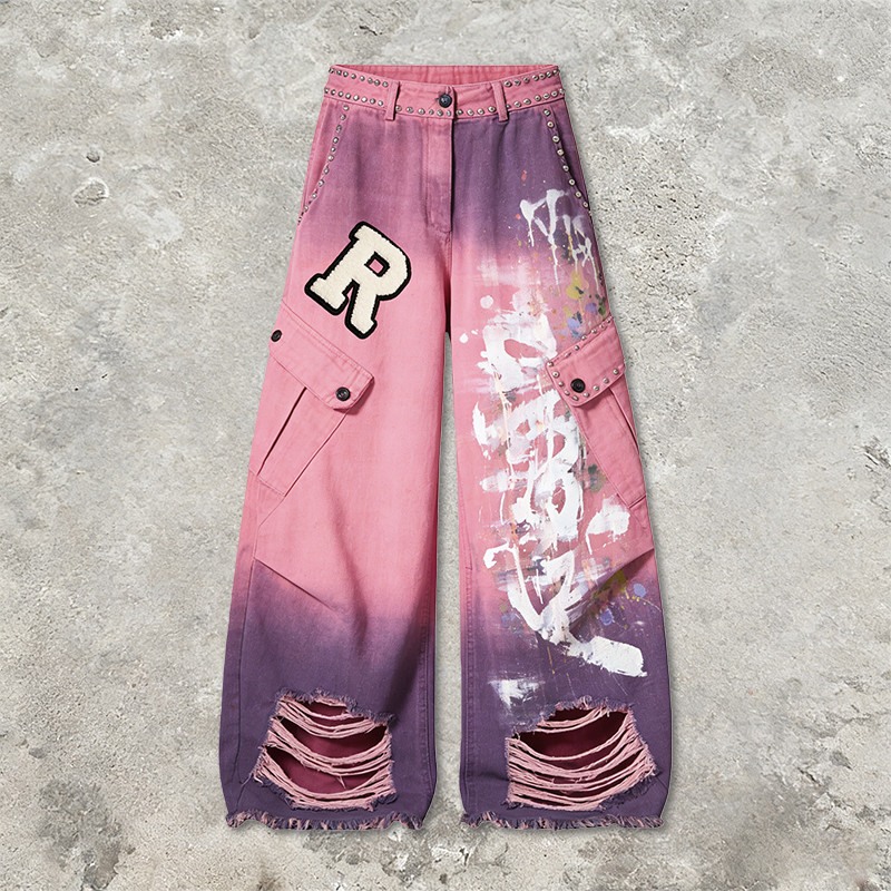 Original Design Splash Paint Ripped Rivet Cargo Pants