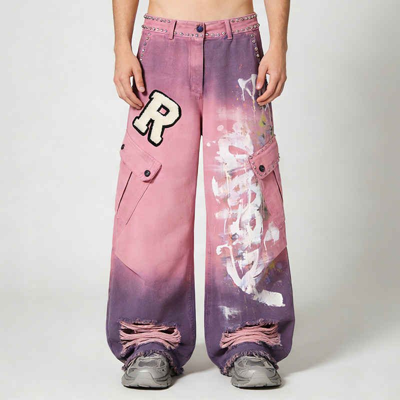 Original Design Splash Paint Ripped Rivet Cargo Pants