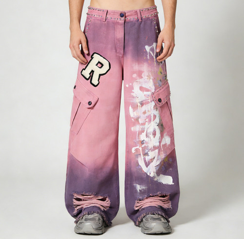Original Design Splash Paint Ripped Rivet Cargo Pants |  Towel Embroidery | Custom Streetwear Manufacturer