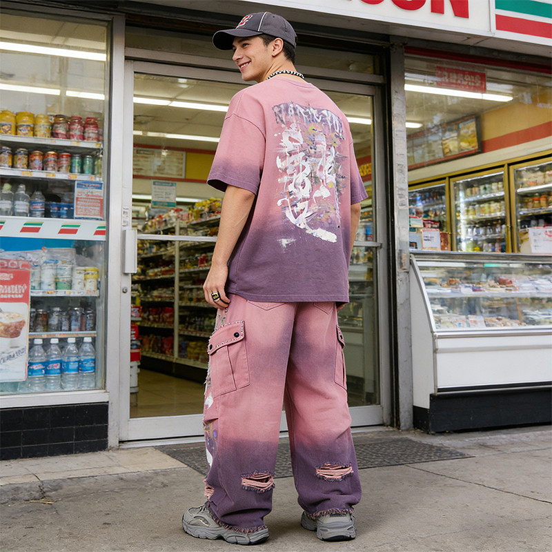 Original Design Splash Paint Ripped Rivet Cargo Pants