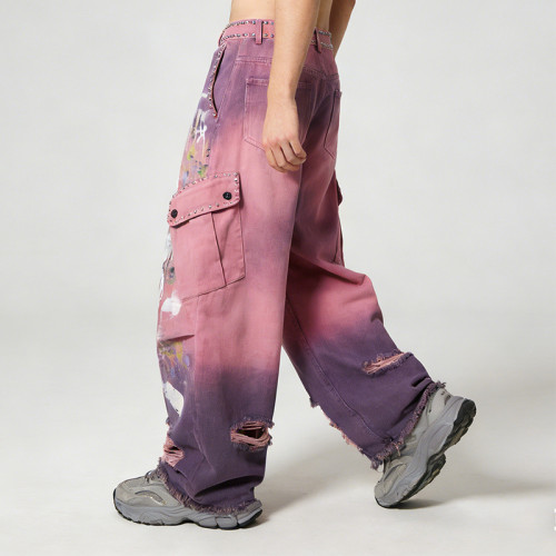 Original Design Splash Paint Ripped Rivet Cargo Pants |  Towel Embroidery | Custom Streetwear Manufacturer