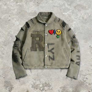 Custom Vintage Screen Print Distressed Workwear Jacket | Patch & Towel Embroidery | Washed | OEM/ODM