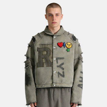 Custom Vintage Screen Print Distressed Workwear Jacket | Patch & Towel Embroidery | Washed | OEM/ODM