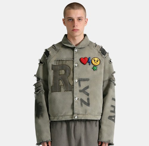 Custom Vintage Screen Print Distressed Workwear Jacket | Patch & Towel Embroidery | Washed | OEM/ODM