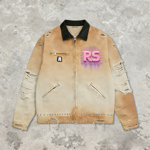 Custom Vintage Distressed Workwear Jacket with Towel Embroidery | Rhinestone | Spray Color | OEM/ODM