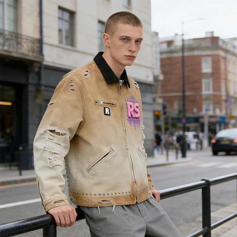 Custom Vintage Distressed Workwear Jacket with Towel Embroidery