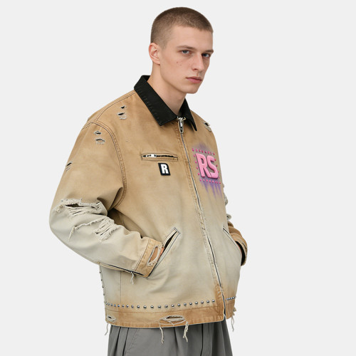 Custom Vintage Distressed Workwear Jacket with Towel Embroidery | Rhinestone | Spray Color | OEM/ODM