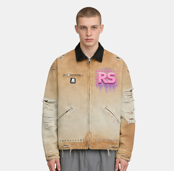 Custom Vintage Distressed Workwear Jacket with Towel Embroidery | Rhinestone | Spray Color | OEM/ODM