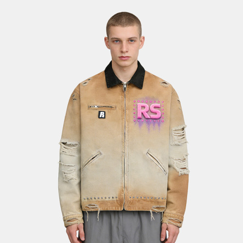 Custom Vintage Distressed Workwear Jacket with Towel Embroidery | Rhinestone | Spray Color | OEM/ODM