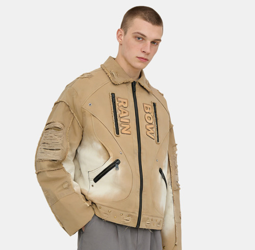 Custom Vintage Distressed Spray Paint Workwear Jacket | Rhinestone | Spray Color | OEM/ODM