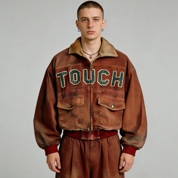 Custom Technical Washed Cargo Brown Jacket | Spray Dye | Appliqué Embroidery | OEM Streetwear