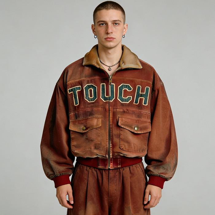 Custom Technical Washed Vintage Brown Jacket | Spray Dye | Appliqué Embroidery | OEM Streetwear