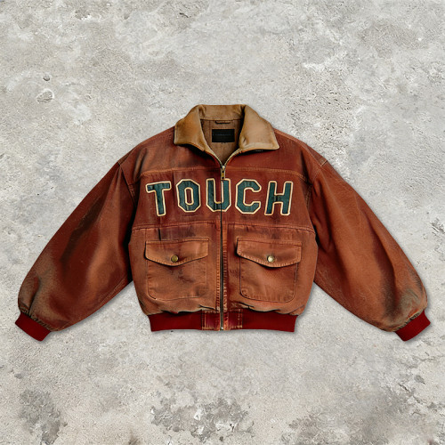 Custom Technical Washed Vintage Brown Jacket | Spray Dye | Appliqué Embroidery | OEM Streetwear
