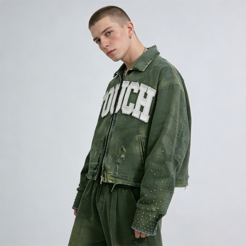 Custom Tech Cargo Distressed Ripped Jacket | Washed | Studded | 100%Cotton | Streetwear Manufacturer