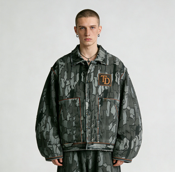 Custom Cargo Tech Digital Print Riveted Jacket | Camo Emblem | Distressed | Custom Streetwear