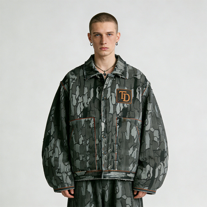 Custom Cargo Tech Digital Print Riveted Jacket | Camo Emblem | Distressed | Custom Streetwear